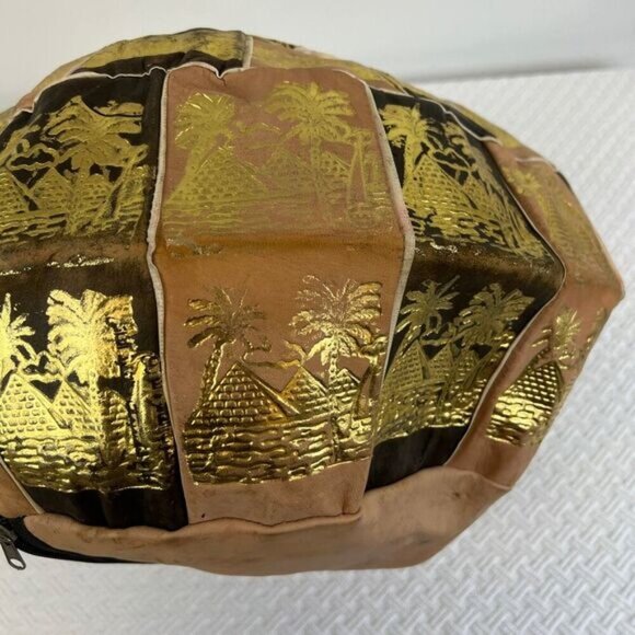 Vintage Handmade Genuine Leather Made in Egypt Pouf Ottoman Pyramids Empty - Picture 3 of 9